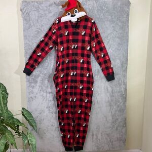 Buc-ees Beaver Holiday Suit Adult L XL Hooded Plaid Fleece 1 Pc. jumper Costume